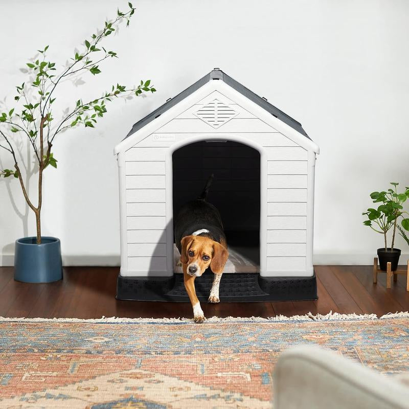 Durable Waterproof Plastic Dog House for Small to Large Sized Dogs, Indoor Outdoor Doghouse Insulated Puppy Shelter with Elevated Floor, Easy to Assemble (Gray, 34''L*31''W*32''H)