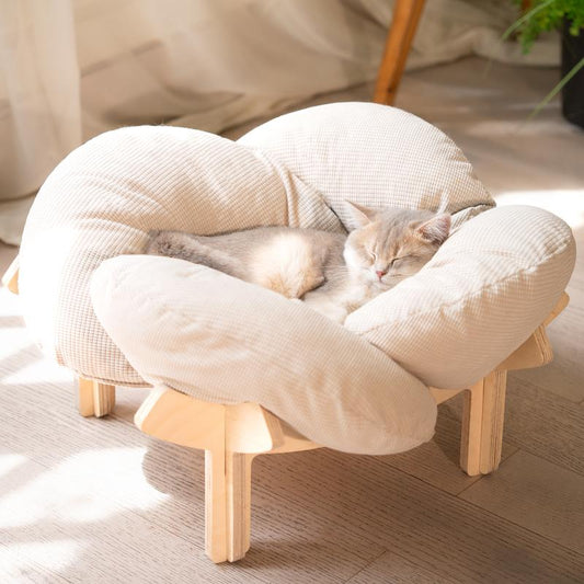 Elevated Flower Cat Bed,Wooden with Cushion, Fluffy Pet Couch Sofa for Indoor Cats and Dogs, Raised Kitty Lounge Chair, Suitable for Puppy, Cat Furniture(Large)