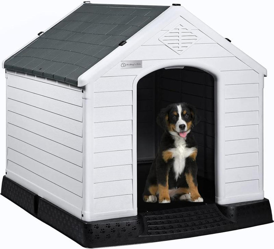 Durable Waterproof Plastic Dog House for Small to Large Sized Dogs, Indoor Outdoor Doghouse Insulated Puppy Shelter with Elevated Floor, Easy to Assemble (Gray, 34''L*31''W*32''H)