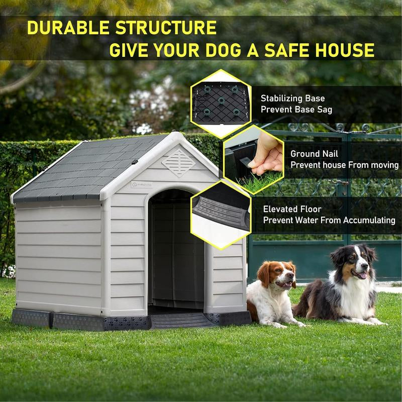 Durable Waterproof Plastic Dog House for Small to Large Sized Dogs, Indoor Outdoor Doghouse Insulated Puppy Shelter with Elevated Floor, Easy to Assemble (Gray, 34''L*31''W*32''H)