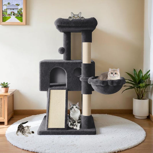 HOOMIC 36 Inches Cat Tree Multi-Level Condo with Sisal Posts Cozy Hammock Padded Plush Perch in Beige Dark Grey Light Grey Indoor Cats Kittens Scratcher Board