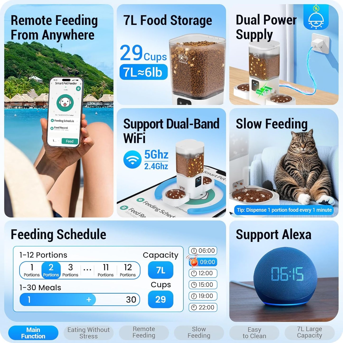 Automatic Cat Feeder with Slow Feed for 2 Cats: 5G Wifi Automatic Dog Feeder with 7L Large Cat Food Storage Container,Cat Food Dispenser with Alexa for Multiple Pets.