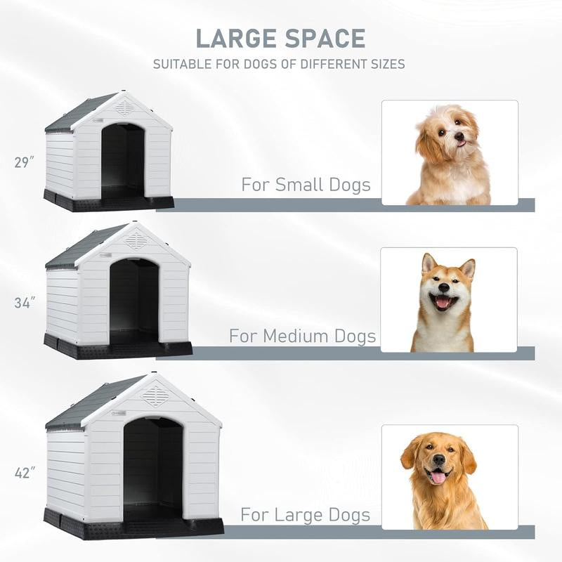 Durable Waterproof Plastic Dog House for Small to Large Sized Dogs, Indoor Outdoor Doghouse Insulated Puppy Shelter with Elevated Floor, Easy to Assemble (Gray, 34''L*31''W*32''H)