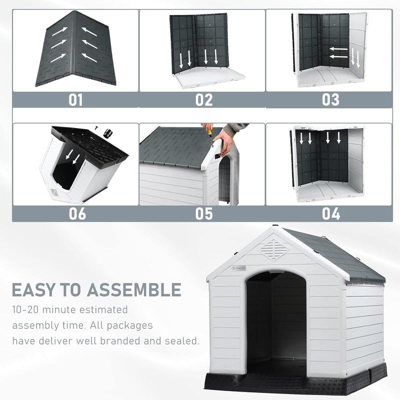 Durable Waterproof Plastic Dog House for Small to Large Sized Dogs, Indoor Outdoor Doghouse Insulated Puppy Shelter with Elevated Floor, Easy to Assemble (Gray, 34''L*31''W*32''H)