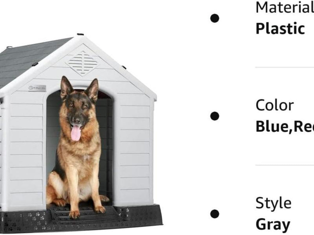 Durable Waterproof Plastic Dog House for Small to Large Sized Dogs, Indoor Outdoor Doghouse Insulated Puppy Shelter with Elevated Floor, Easy to Assemble (Gray, 34''L*31''W*32''H)