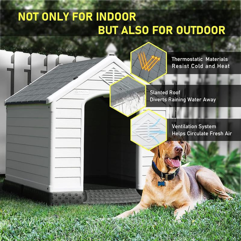 Durable Waterproof Plastic Dog House for Small to Large Sized Dogs, Indoor Outdoor Doghouse Insulated Puppy Shelter with Elevated Floor, Easy to Assemble (Gray, 34''L*31''W*32''H)