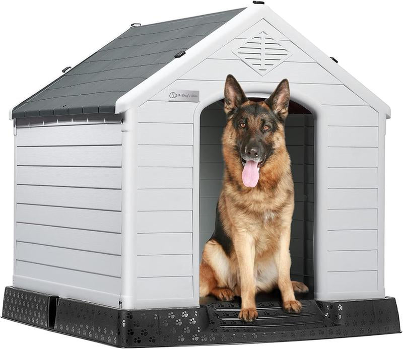 Durable Waterproof Plastic Dog House for Small to Large Sized Dogs, Indoor Outdoor Doghouse Insulated Puppy Shelter with Elevated Floor, Easy to Assemble (Gray, 34''L*31''W*32''H)