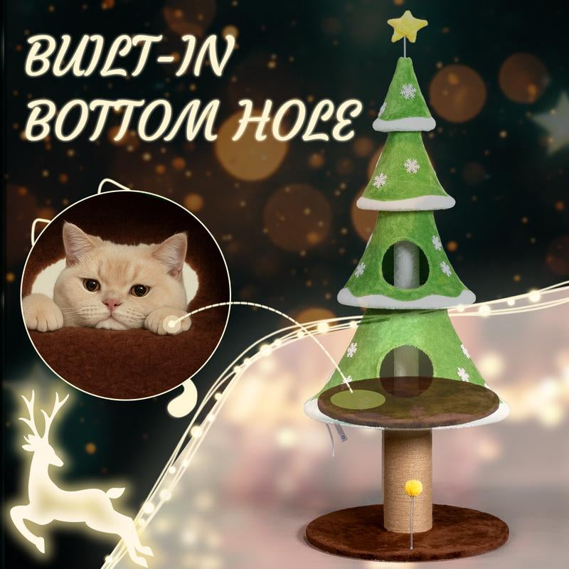 Rebuyhome 59In Large Tall Christmas Tree Cat Tower with 2 Cat Condos & Scratching Post, Soft Fleece Cat Tree with Teaser Toy & Sturdy Base & Built-In Openings for Indoor Cats, Green & White, Green, Pink
