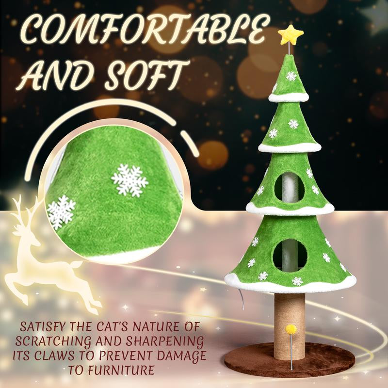 Rebuyhome 59In Large Tall Christmas Tree Cat Tower with 2 Cat Condos & Scratching Post, Soft Fleece Cat Tree with Teaser Toy & Sturdy Base & Built-In Openings for Indoor Cats, Green & White, Green, Pink